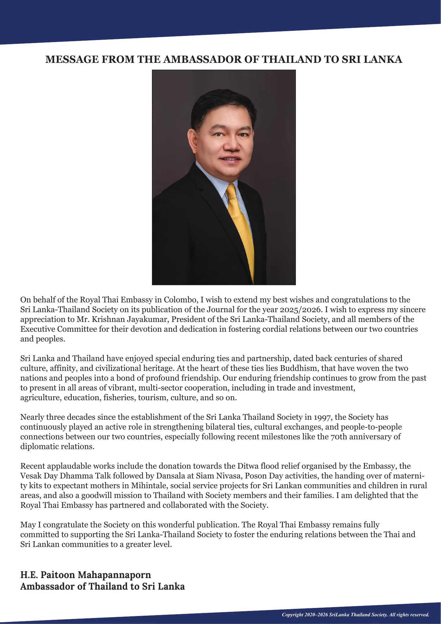 Page 2: Message from the Ambassador of Thailand to Sri Lanka