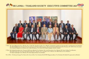 Group portrait of the Sri Lanka-Thailand Society Executive Committee 2025, with members' names listed beneath